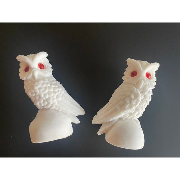 Pair of Vintage Italian Alabaster Snow Owl Sculptures - White Salt Stone - Picture 3 of 10